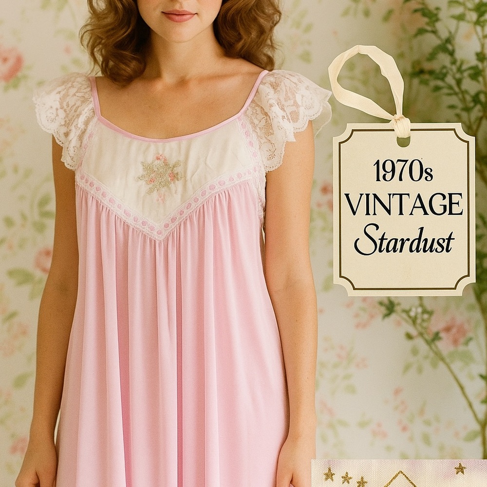 Vintage 70s Stardust Lilac Nightgown Lace Sleeves Satin Embroidery